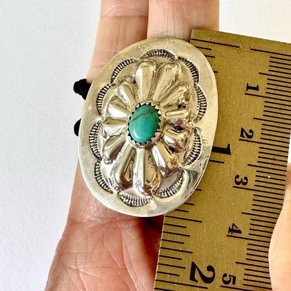 Turquoise Navajo Hair Tie 1.5in Ponytail Hand Stamped‎ Sterling Ornament Concho